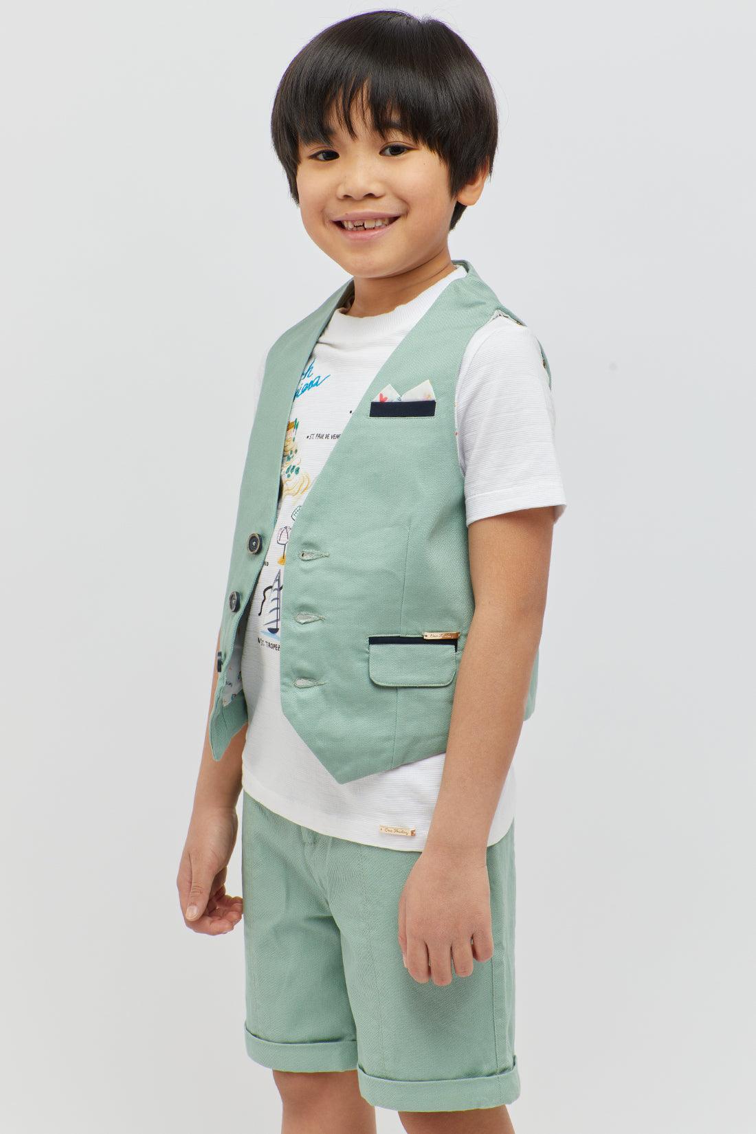 One Friday Kids Boys Green Cotton Waistcoat - One Friday World