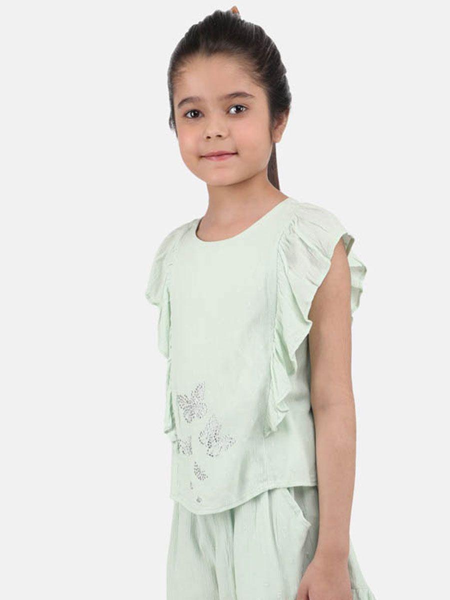 One Friday Kids Girls Mint Color Casual Butterfly Printed Top - One Friday World