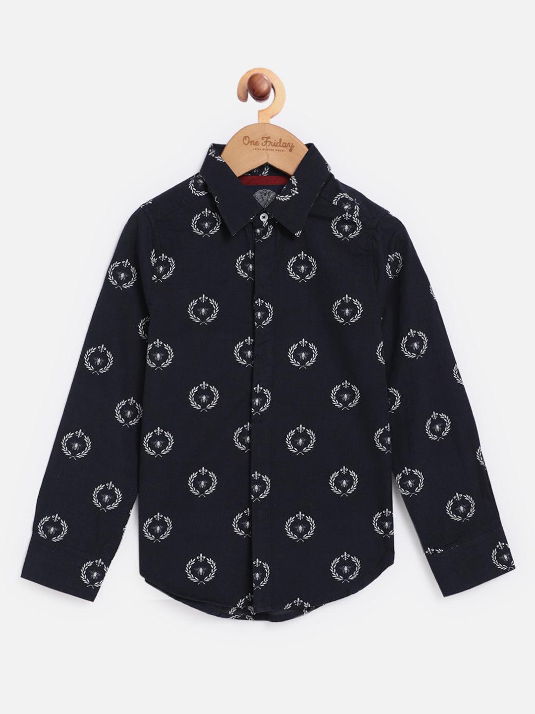 One Friday Kids Boys Navy Blue Printed Summer Cotton Shirt - One Friday World