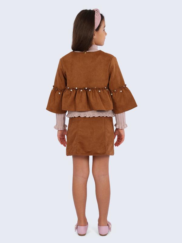 Brown Pearl Studded Suede Skirt - One Friday World