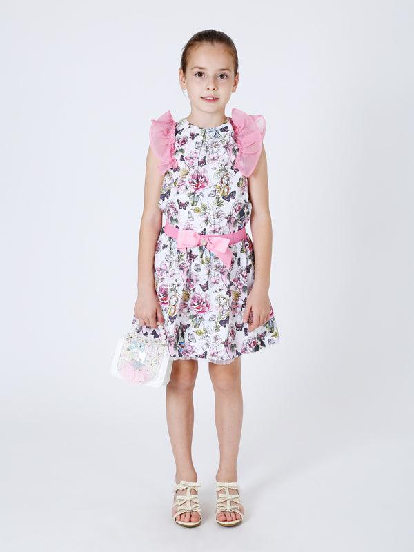 One Friday Kids Girls Floral Printed Skirt With Pink Bow - One Friday World