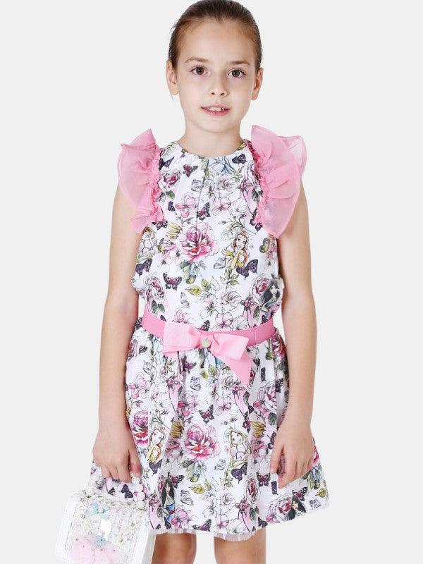 One Friday Kids Girls Floral Printed Skirt With Pink Bow - One Friday World