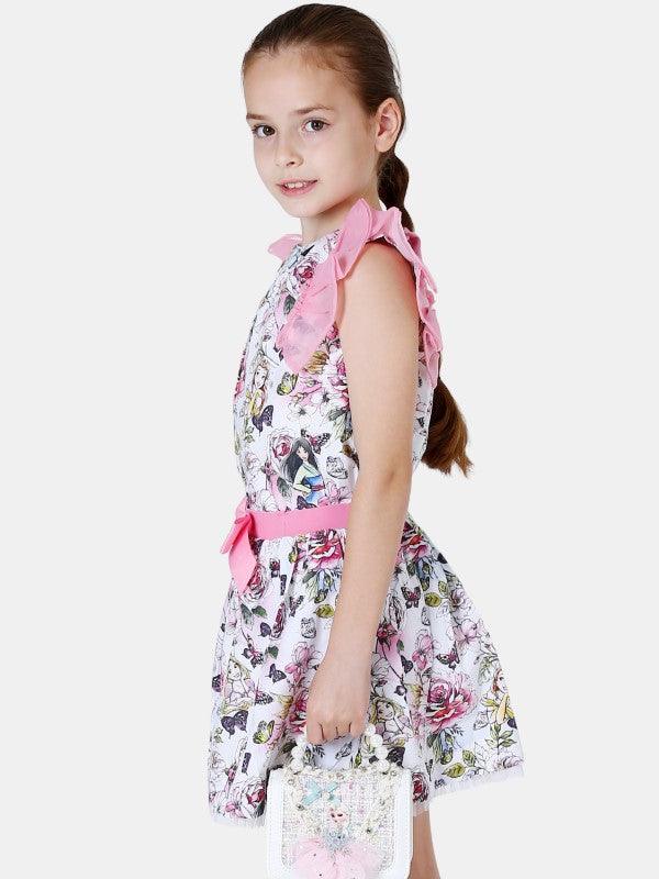 One Friday Kids Girls Floral Printed Skirt With Pink Bow - One Friday World